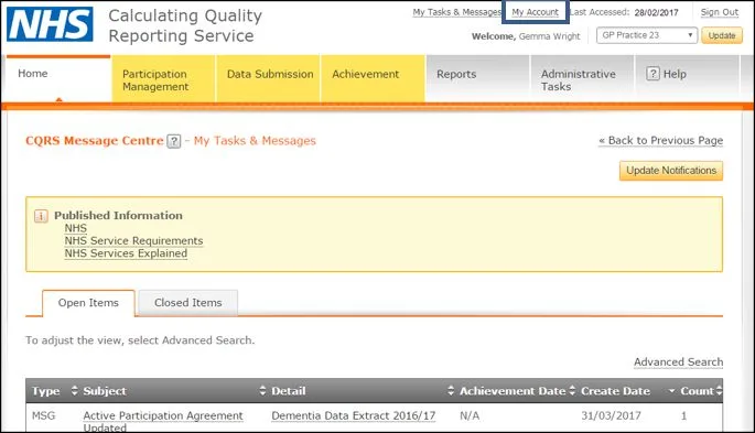 Screenshot from CQRS National showing My Account tab top right of page