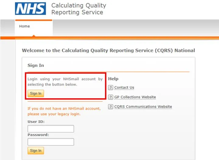Screenshot of CQRS National showing user log in screen