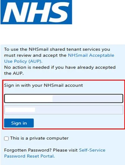 Screenshot from CQRS National showing NHSmail screen