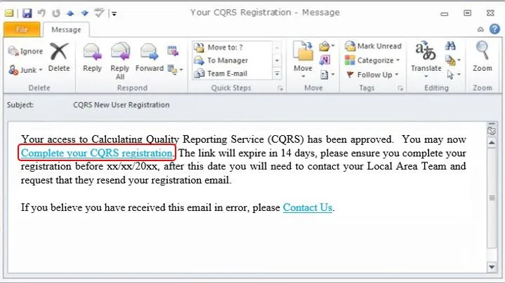 Screenshot from CQRS National showing automated email