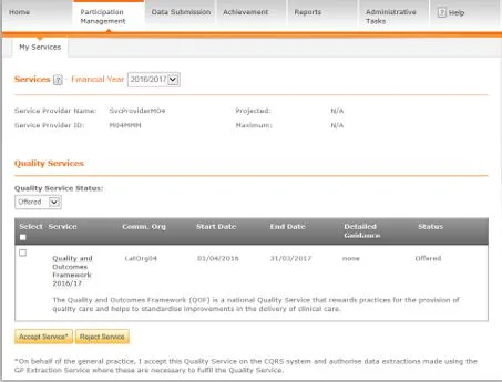 Screenshot from CQRS National of view offered quality service on participation management tab