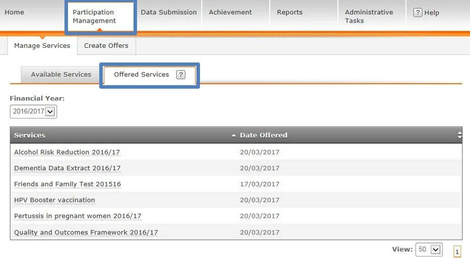 Screenshot from CQRS National showing Participation Management menu and offered services tab