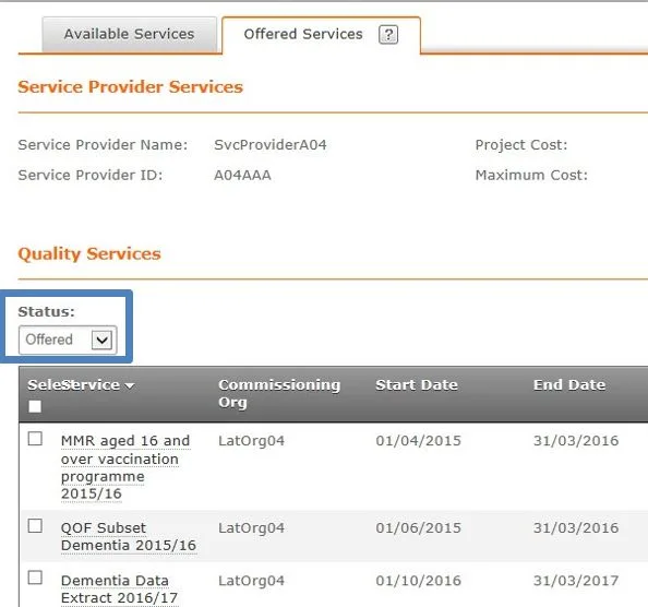 Screenshot from CQRS National showing Service Provider Services quality services offered
