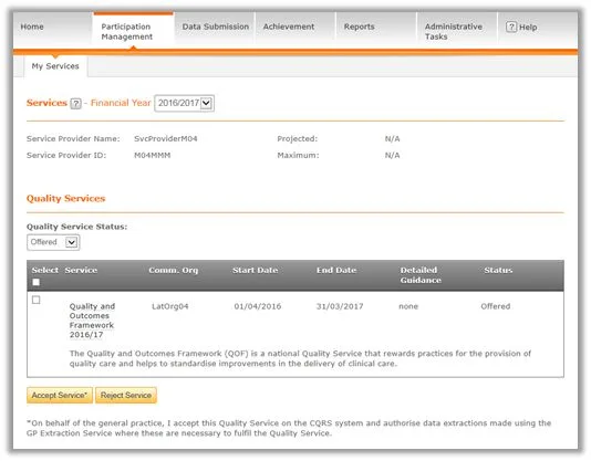 Screenshot from CQRS National showing Quality Service and Participation Management tab and content