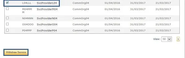 Screenshot from CQRS National showing Withdraw Service button