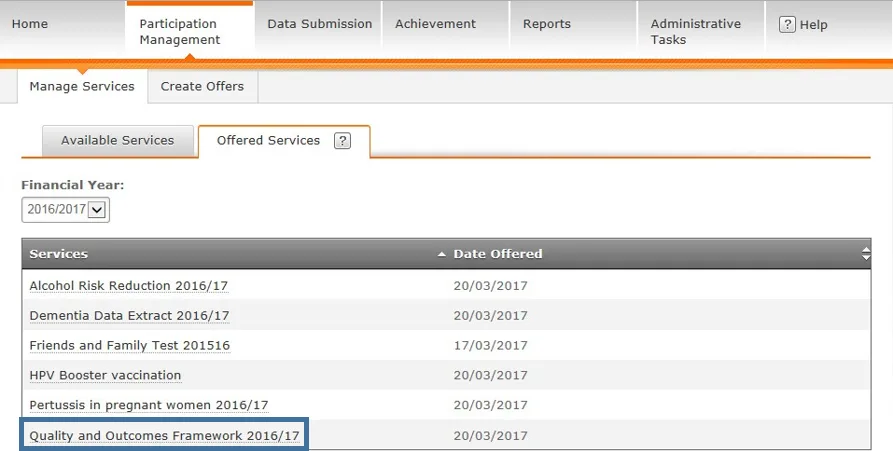 Screenshot from CQRS National showing Participation Management tab, Offered Services tab, list of services and date offered and QOF service highlighted