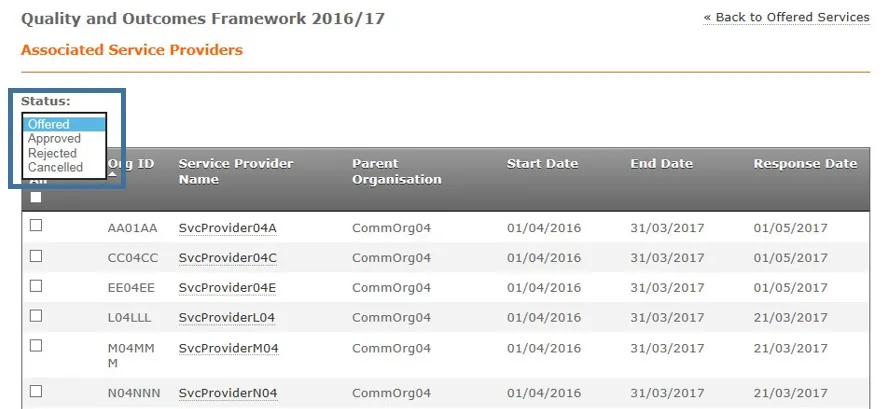 Screenshot from CQRS National showing QOF Associated Service Providers with box highlighting Status: Offered, Approved, Rejected and Cancelled