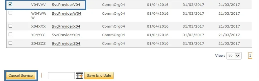 Screenshot from CQRS National showing list of Service providers with ticked checkbox and Cancel Service button highlighted