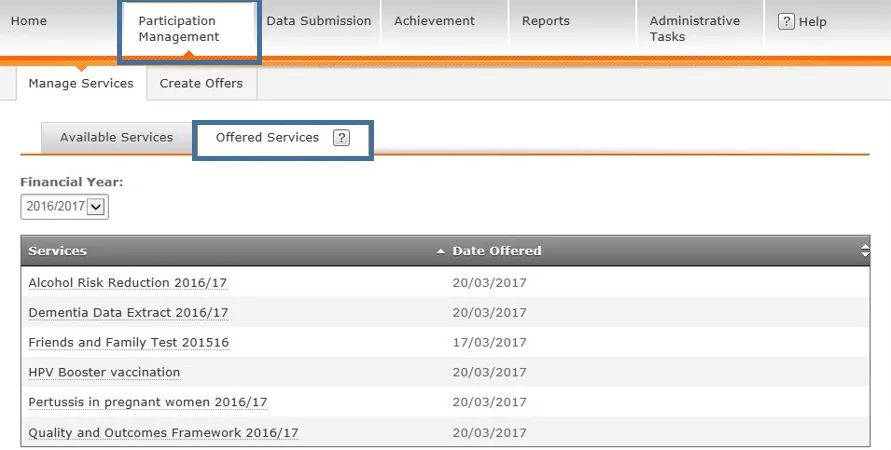 Screenshot from CQRS National showing Participation tab then Offered Services tab and list of services and date offered
