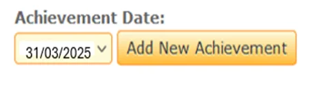 Screenshot from CQRS National showing Achievement date with date dropdown and 'add new achievement' button