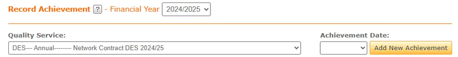 Screenshot from CQRS National showing Record Achievement and financial year dropdown with Network Contract DES quality service and achievement date