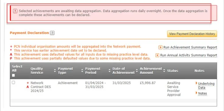 Screenshot from CQRS National showing an achievement is available to declare