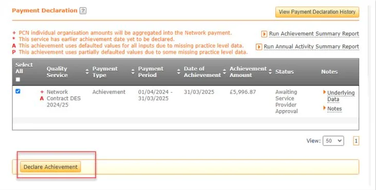 Screenshot from CQRS National showing an achievement is available to declare
