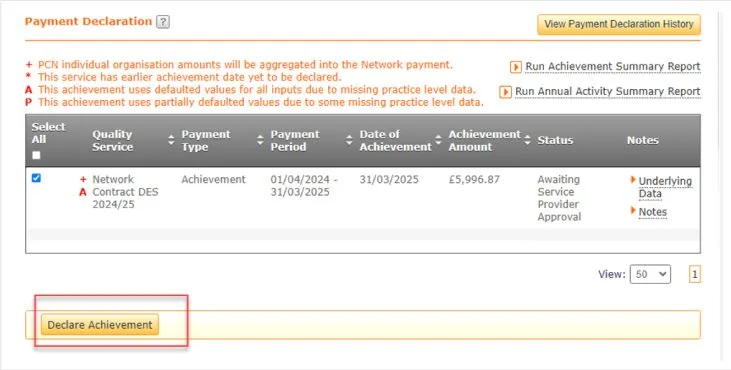 Screenshot from CQRS National showing message returned when achievement is awaiting aggregation