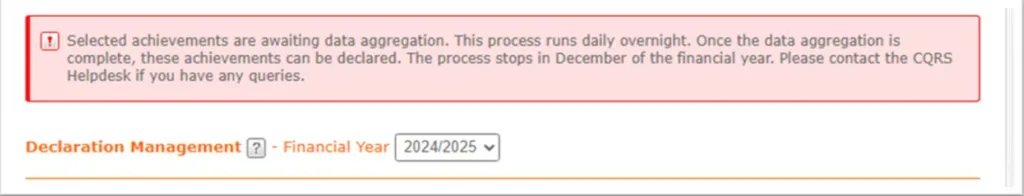Screenshot from CQRS National showing message confirming achievement cannot be taken off hold