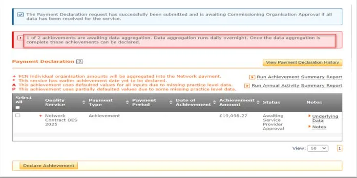 Screenshot from CQRS National showing error message when declare achievement is clicked