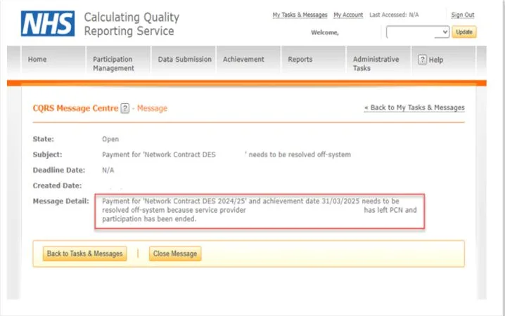 Screenshot from CQRS National showing message detail when notification is clicked