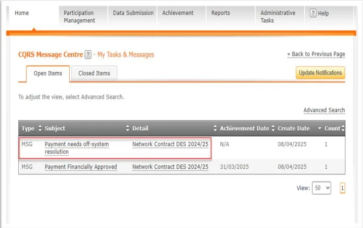Screenshot from CQRS National showing notification regarding off system payment required