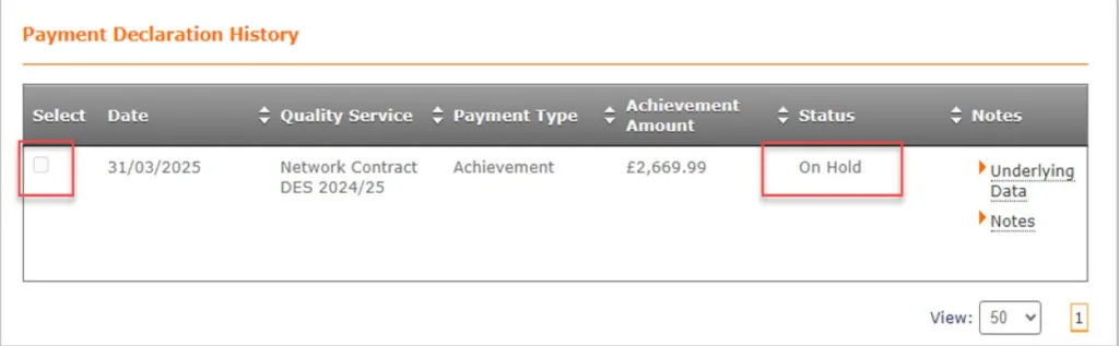 Screenshot from CQRS National showing Payment Declaration History