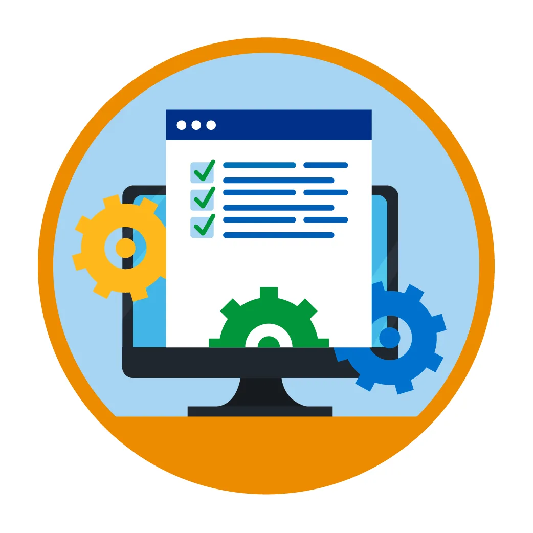 New services graphic showing bullet list with tick on computer screen and settings cogs