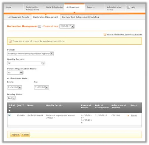 Screenshot of CQRS National Declaration Management sub-tab
