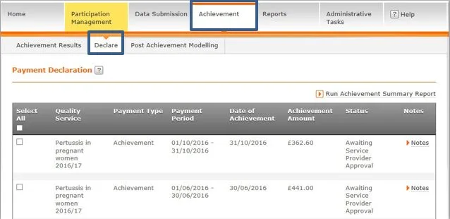 Screenshot from CQRS National showing Achievement screen and Declare sub tab