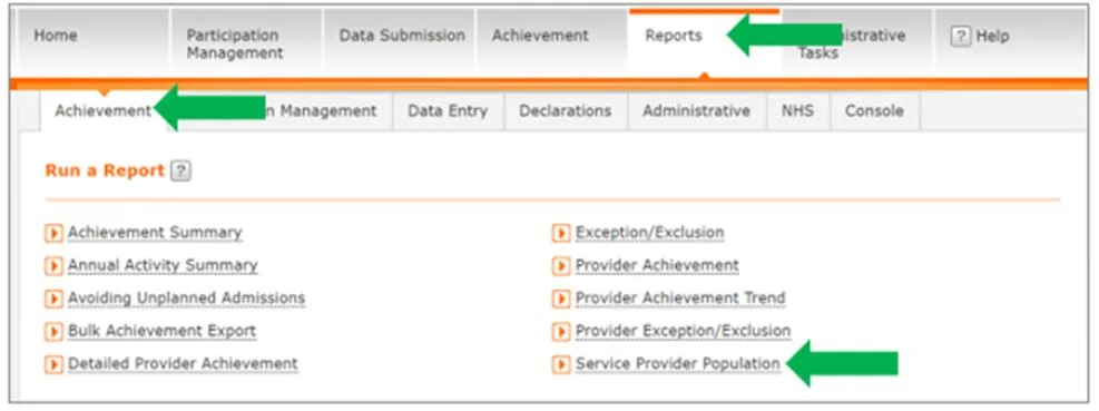 Screenshot from CQRS National showing Accessing Service Provider Population report