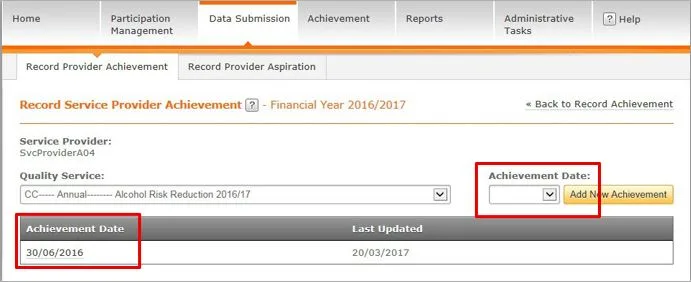 Screenshot from CQRS National showing Achievement Date fields