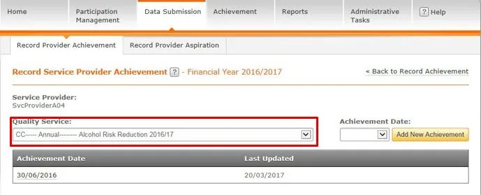 Screenshot from CQRS National showing Quality Service drop down