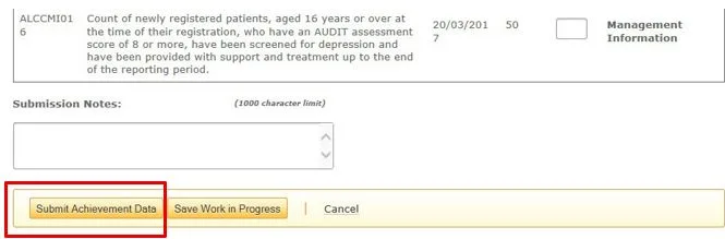 Screenshot from CQRS National showing submit achievement data button