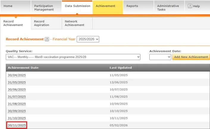 Screenshot from CQRS National showing achievement date list