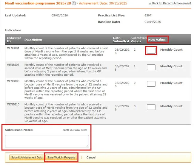 Screenshot from CQRS National showing submission notes field and save work in progress button