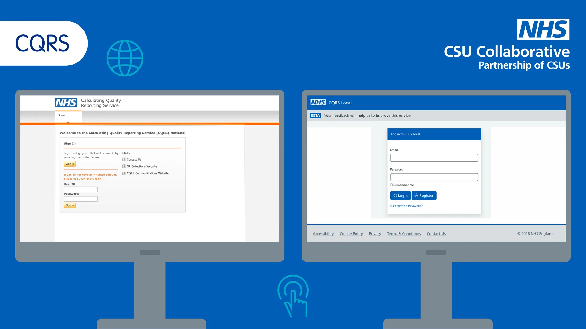Image showing two PC screens, one displaying CQRS National log in screen and one displaying CQRS Local log in screen